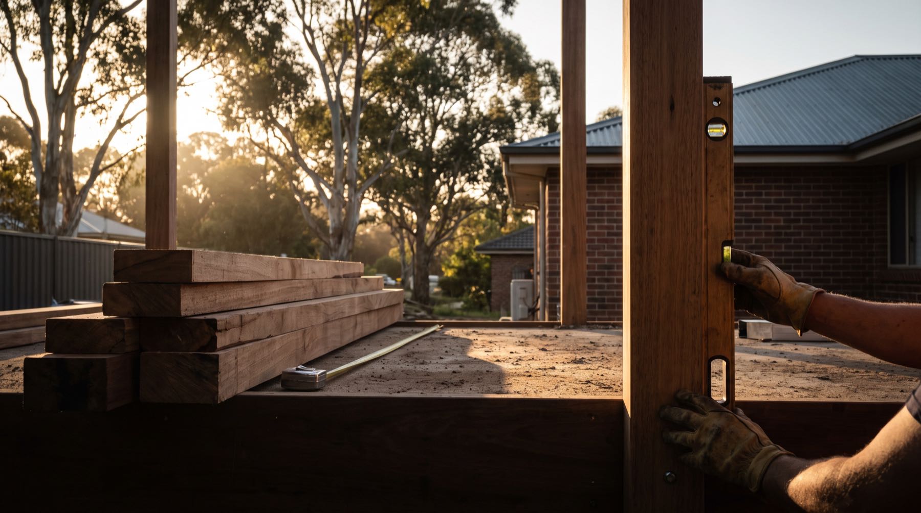 A spirit level held against a post beside stacked timber on a work site