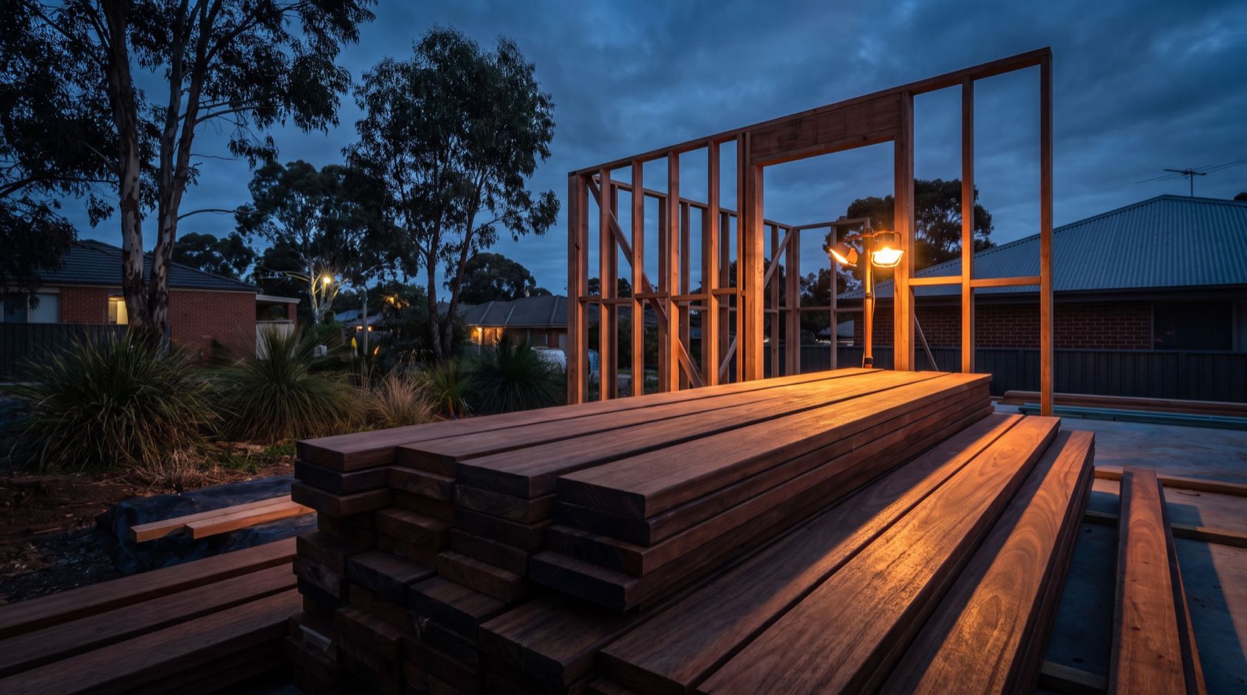 Dressed timber boards stacked beside a partly built timber frame at dusk