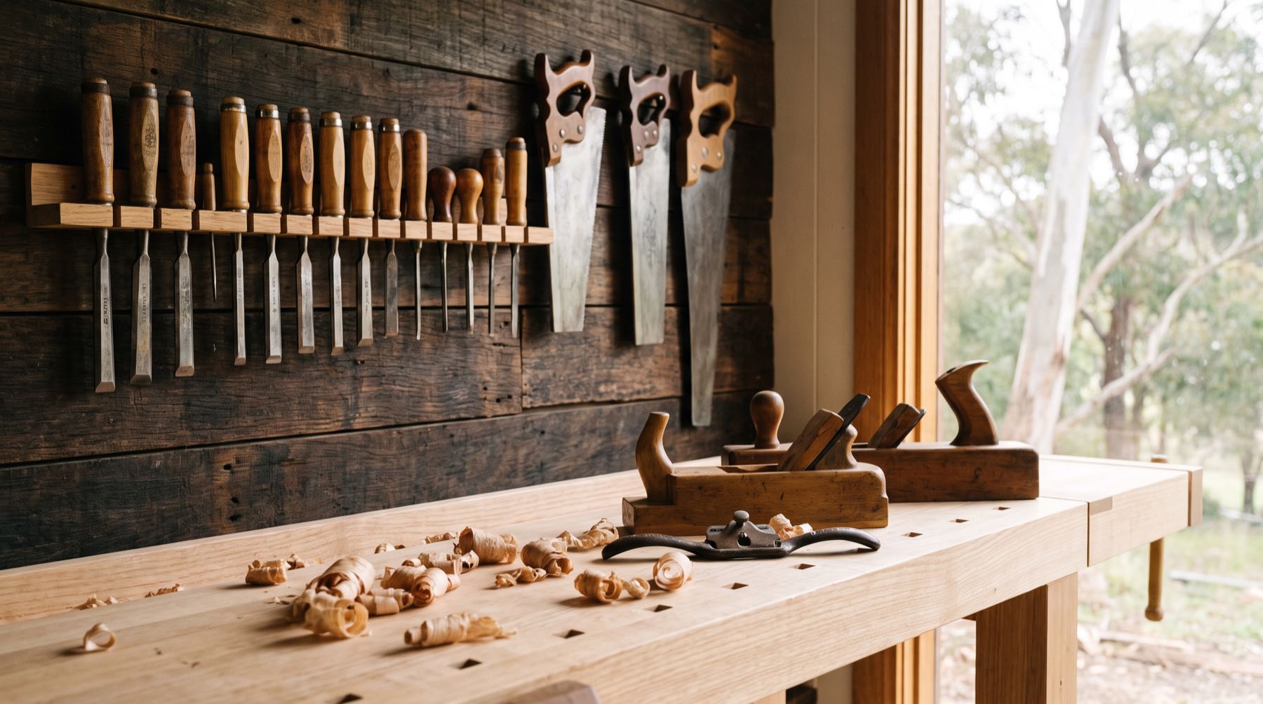 A carpenter's workbench with hand planes on it and a rack of chisels above
