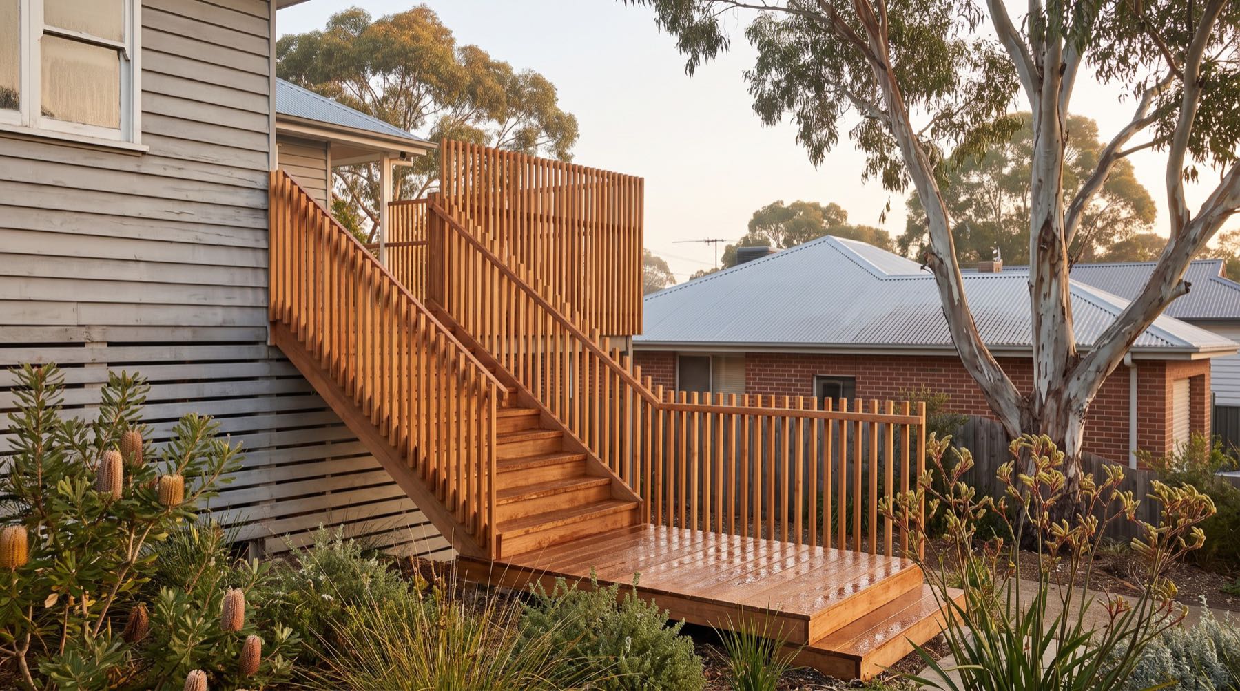 New timber stairs and a landing with a slim balustrade against a weatherboard home