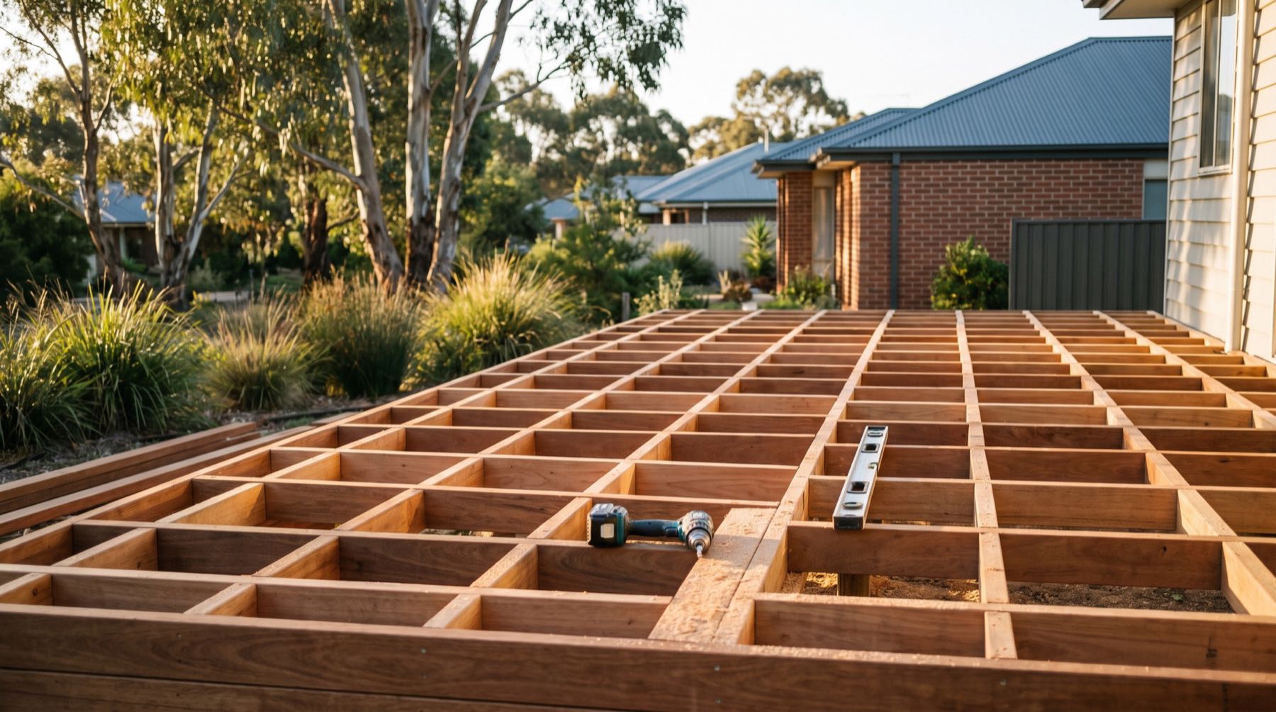 Deck framing with joists laid out in a grid, a drill and a level resting on the timber
