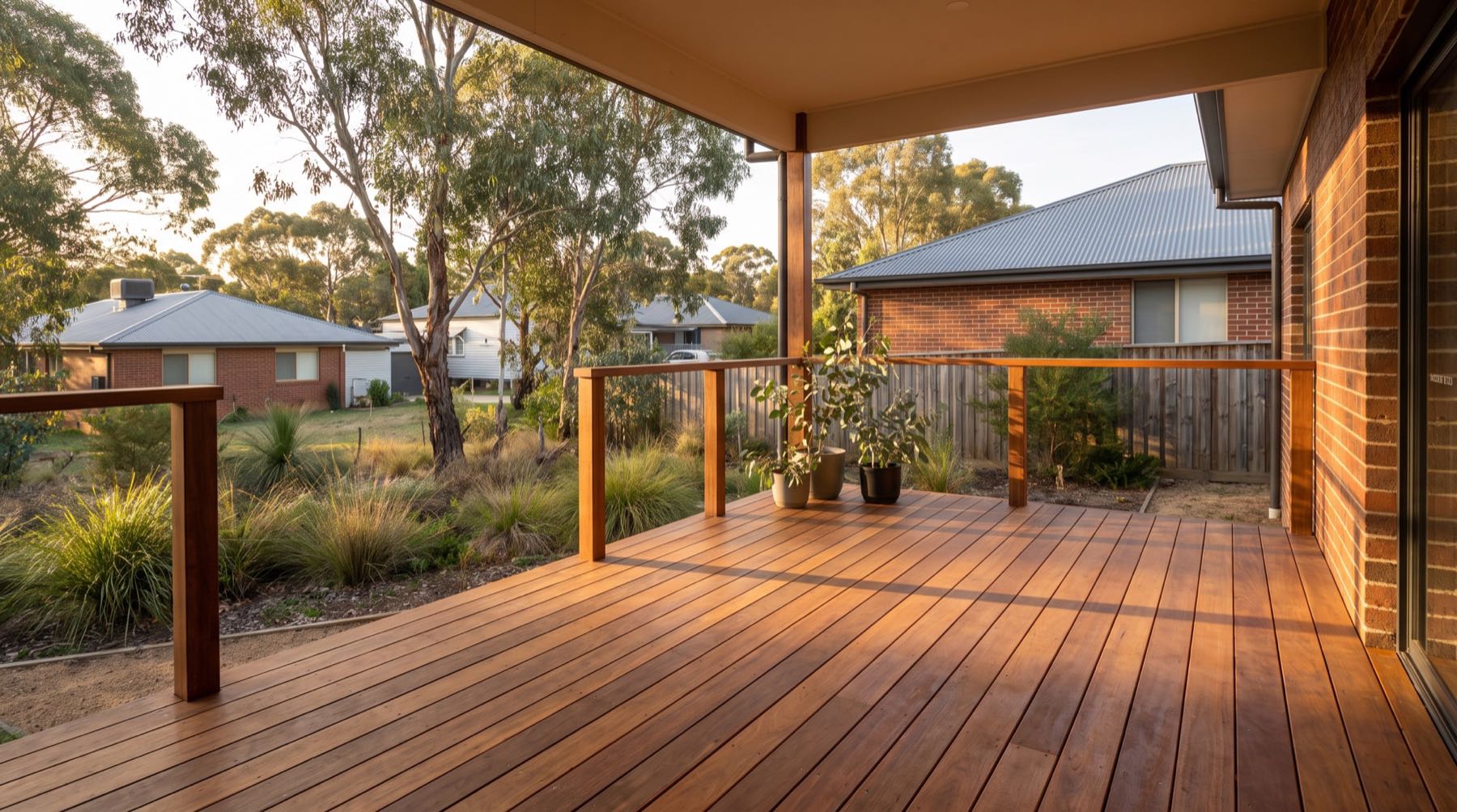 A hardwood timber deck and posts along the back of a brick home in late afternoon light