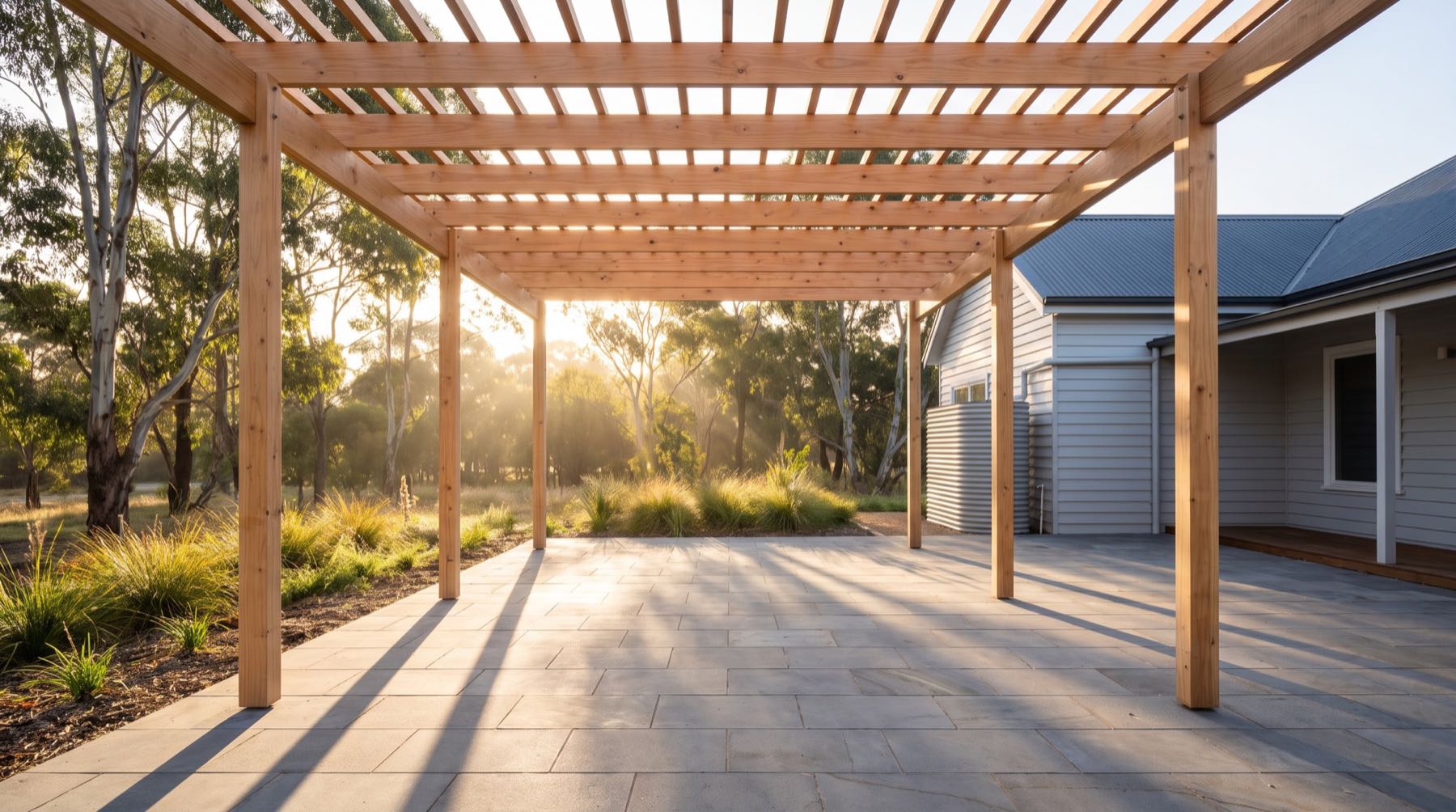A timber pergola with evenly spaced rafters casting striped shadows across paving